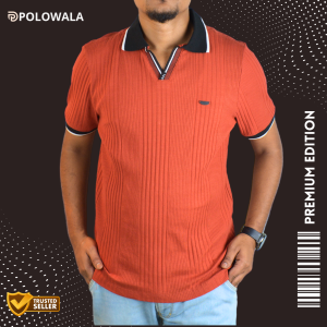 Brick Red Zipper V-Neck Style Rib Polo Shirt with Contrast Collar – Textured Premium Fabric